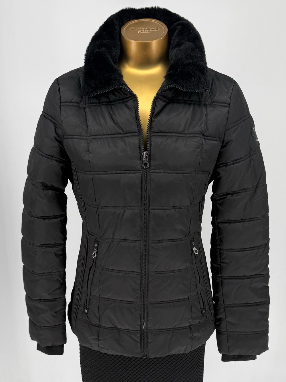 Nautica  Black Puffer Zip-Up Jacket with Faux Fur Collar No Hood Size Small
